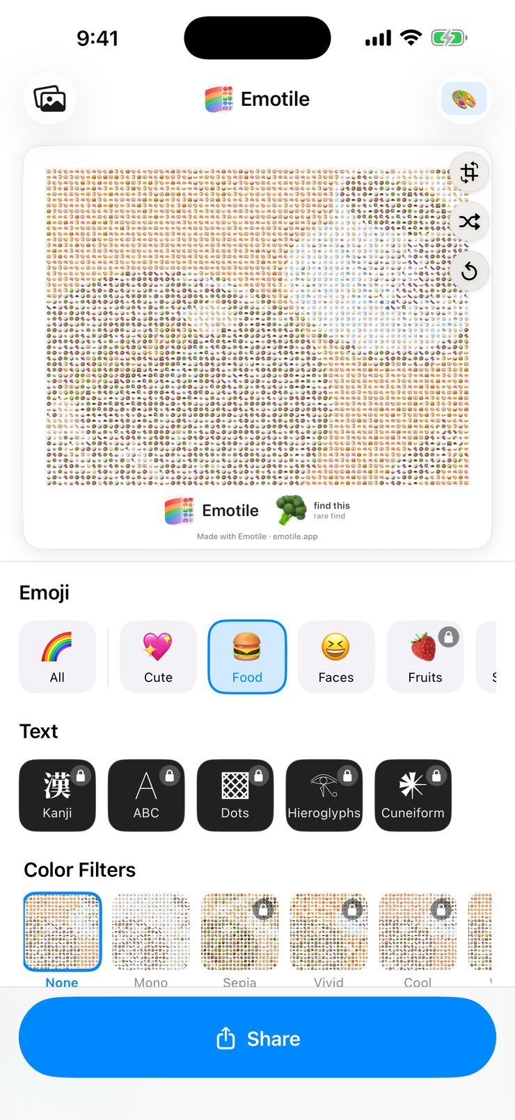 A cafe photo of cake and coffee converted into an emoji mosaic in the Emotile editor