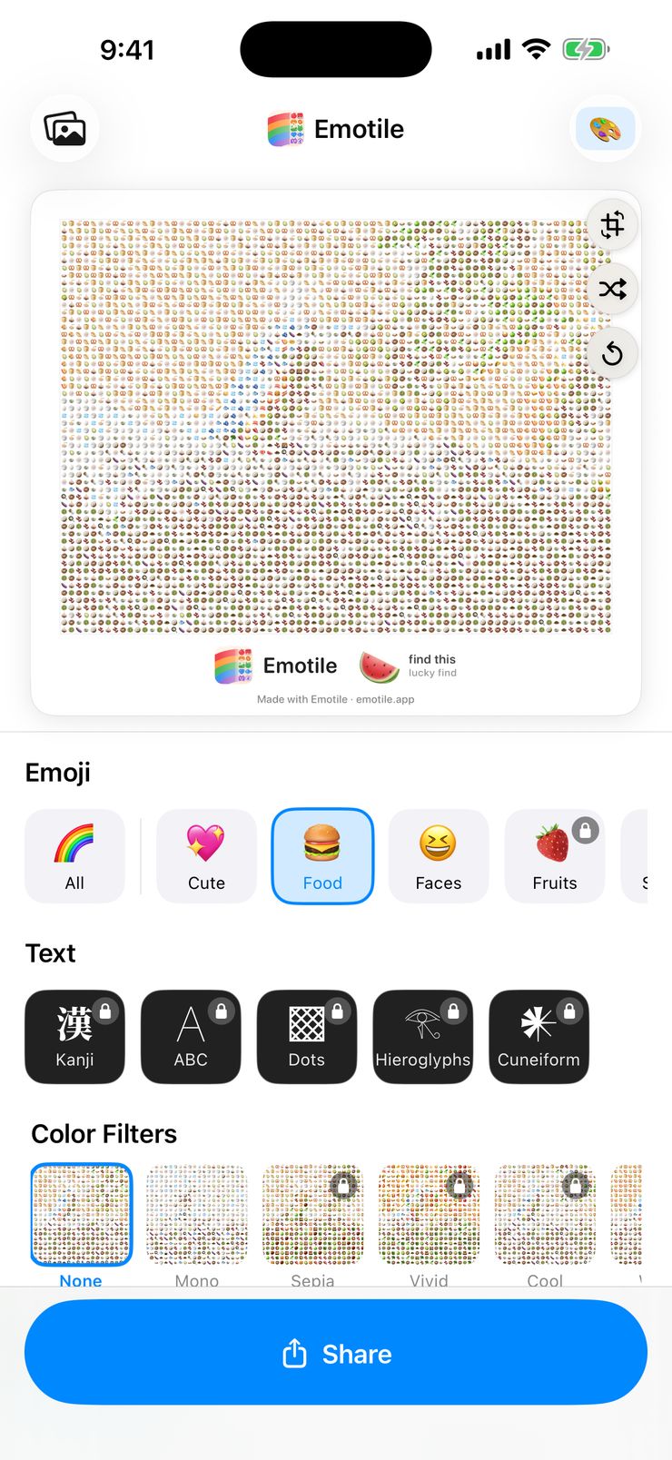 A kingfisher photo converted into an emoji mosaic in the Emotile editor