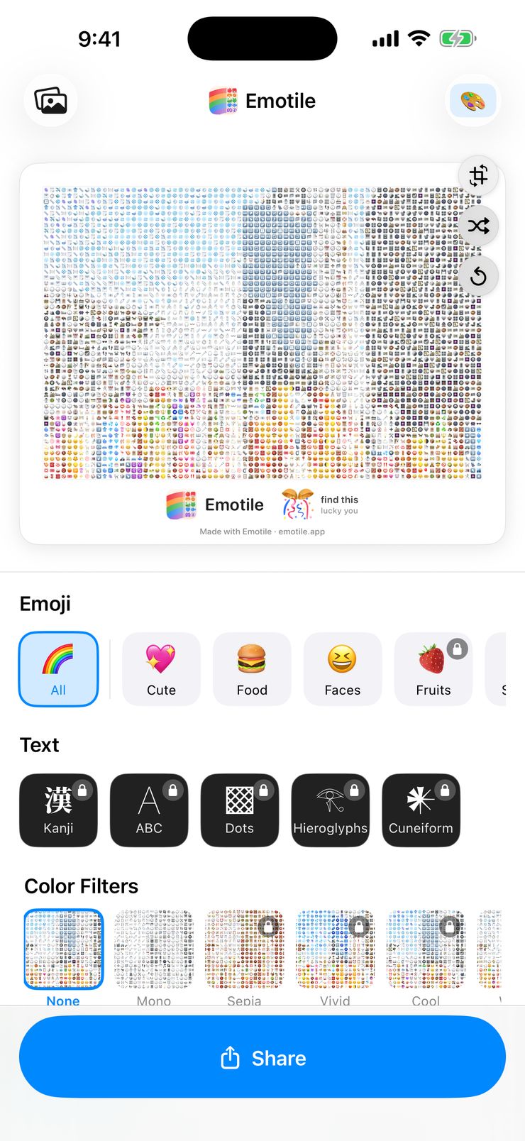 Colorful street-art poles converted into an emoji mosaic in the Emotile editor