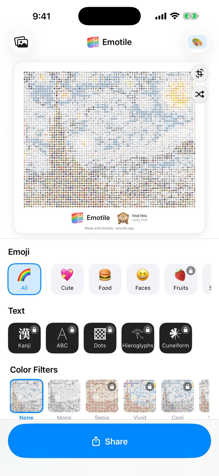 Van Gogh's The Starry Night converted into an emoji mosaic in the Emotile editor