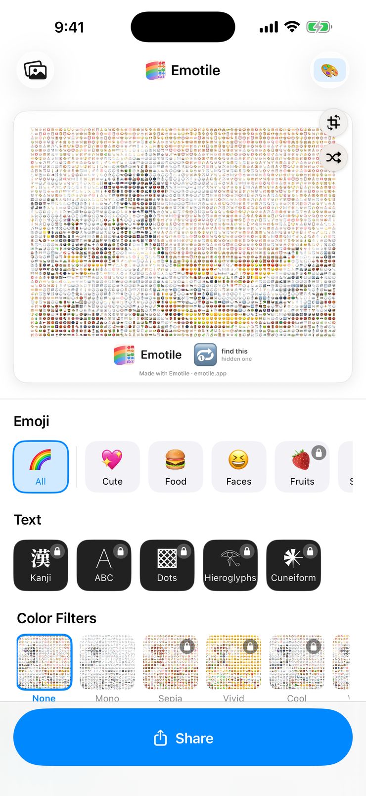 Hokusai's The Great Wave converted into an emoji mosaic in the Emotile editor